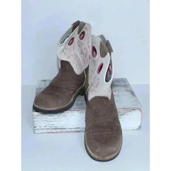 Ariat Cowgirl Boots Pink Brown Embroidered Leather Size 1.5 Teen Fatboy Style - Picture 1 of 11